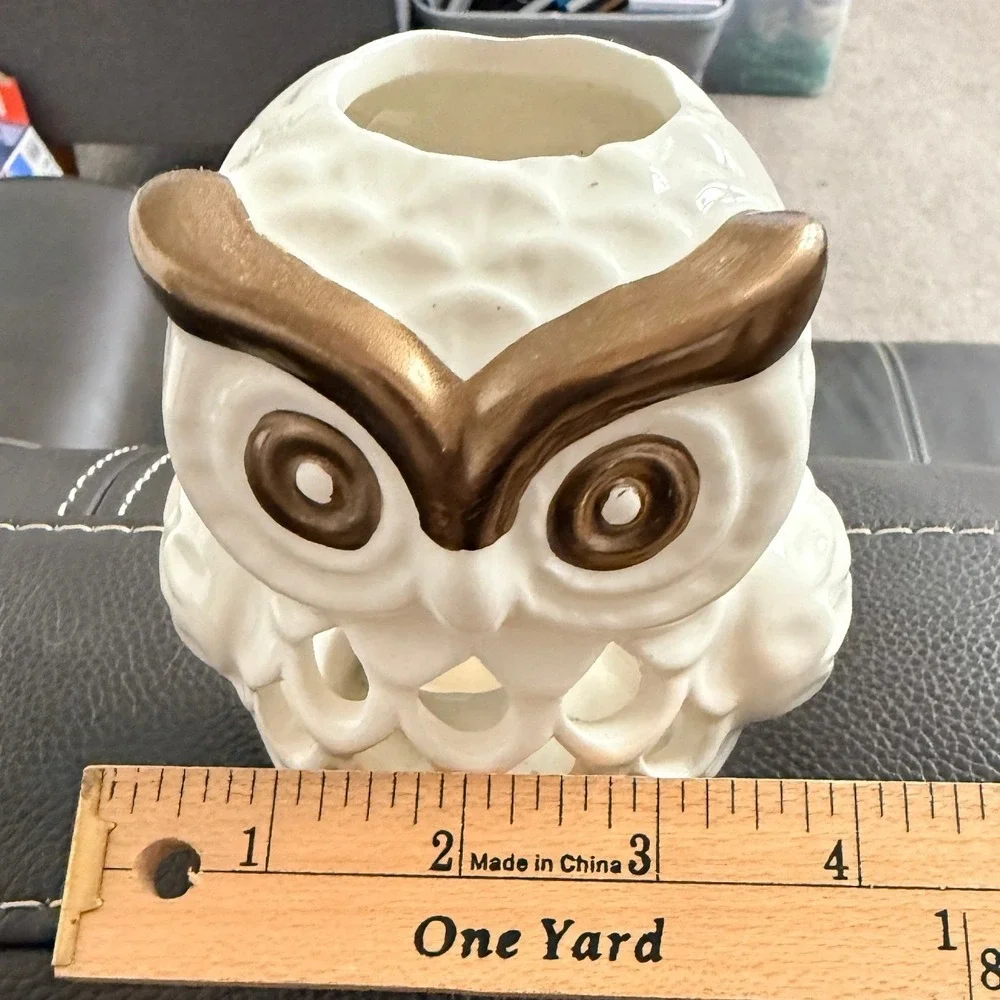 Ceramic Owl Votive Candle Hlder‎ White Bronze Pierced Cutout Decor